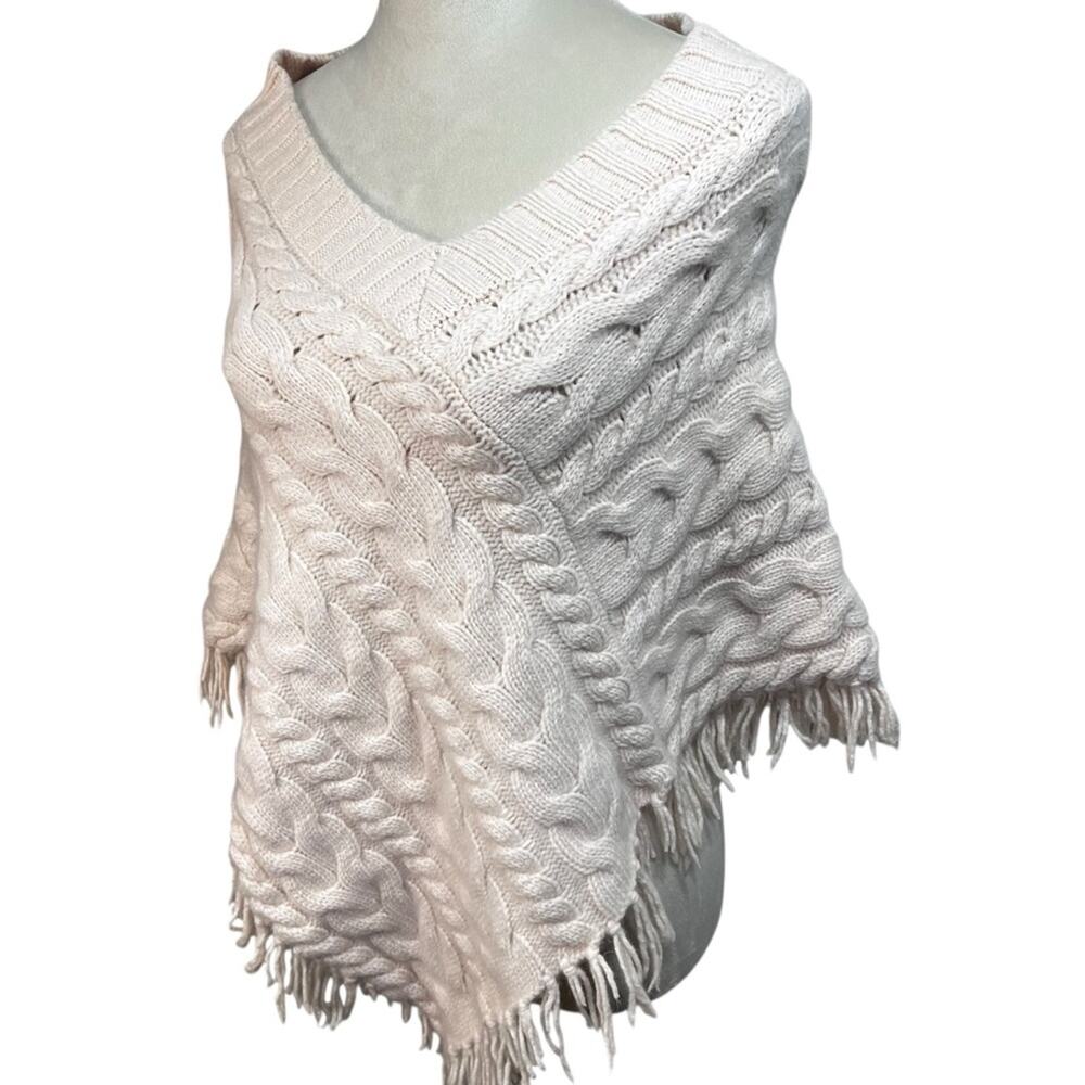 Banana Republic Lambswool Angora Cable Knit Fringe Poncho | XS/S | Soft Pink